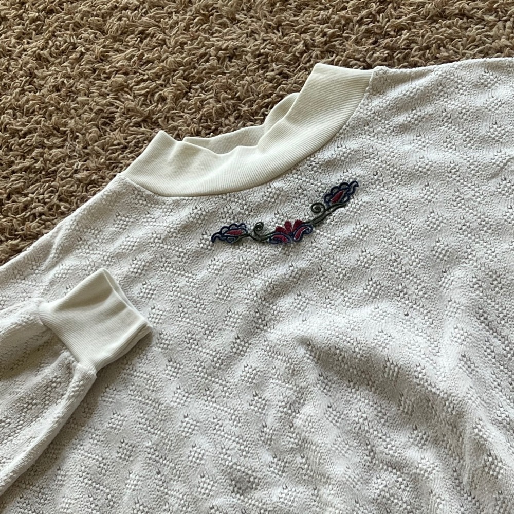 Vintage Season Ticket Cream Mock Neck Textured Floral Sweatshirt 2X USA Made